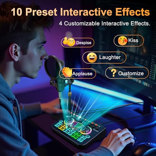 Podcast Microphone Bundle with Live Sound Card Audio Mixer, 3.5mm Condenser Microphone, Sound Board with Voice Changer H6673