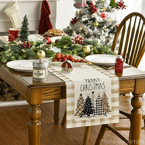 Buffalo Plaid Christmas Trees Merry Xmas Table Runner, 13 x 108 Inch S920