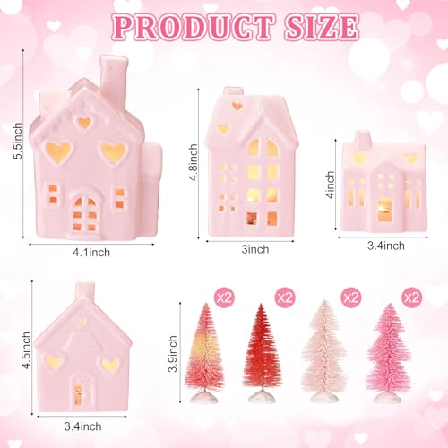 12 Pcs Pink Ceramic Village Decorations with Lighted House Figurines and Mini Pine Trees W3828