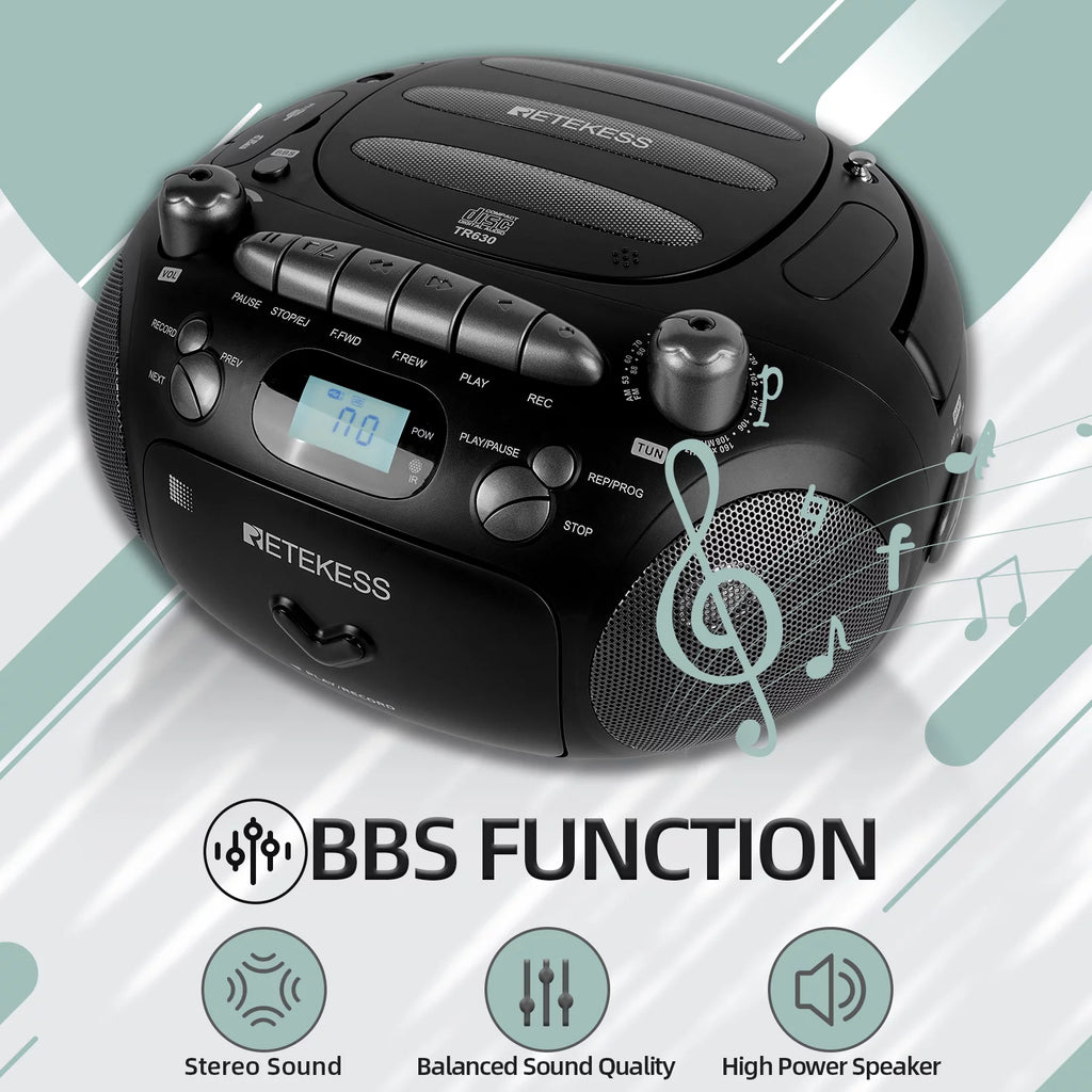 Black Portable CD and Cassette Player Boombox with AM FM Radio C395849