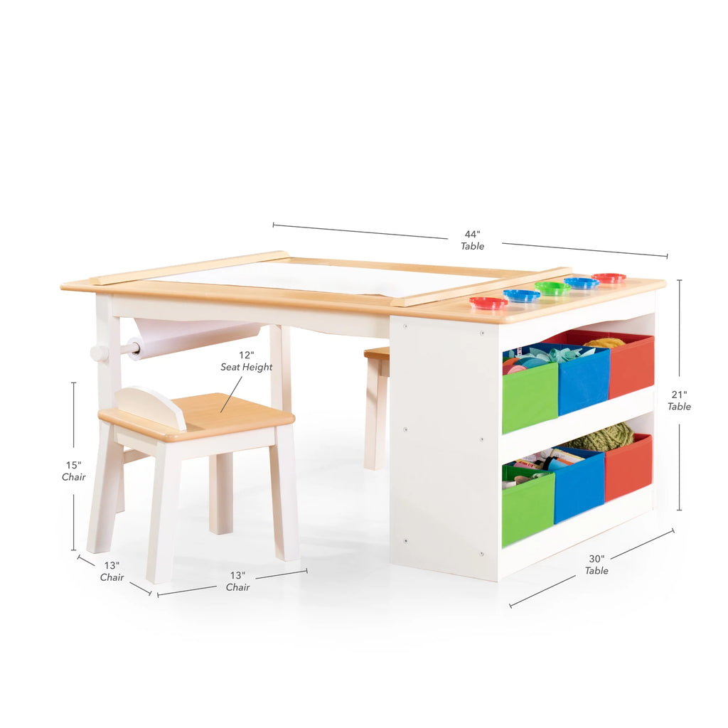Kids Activity Table and Drawing Desk with Stools, Storage Canvas Bins, Paper Roller, and Paint Cups R2713