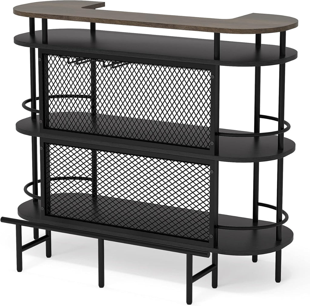 Black and Walnut 4 Tier Bar Cabinet with Storage Shelves F7515