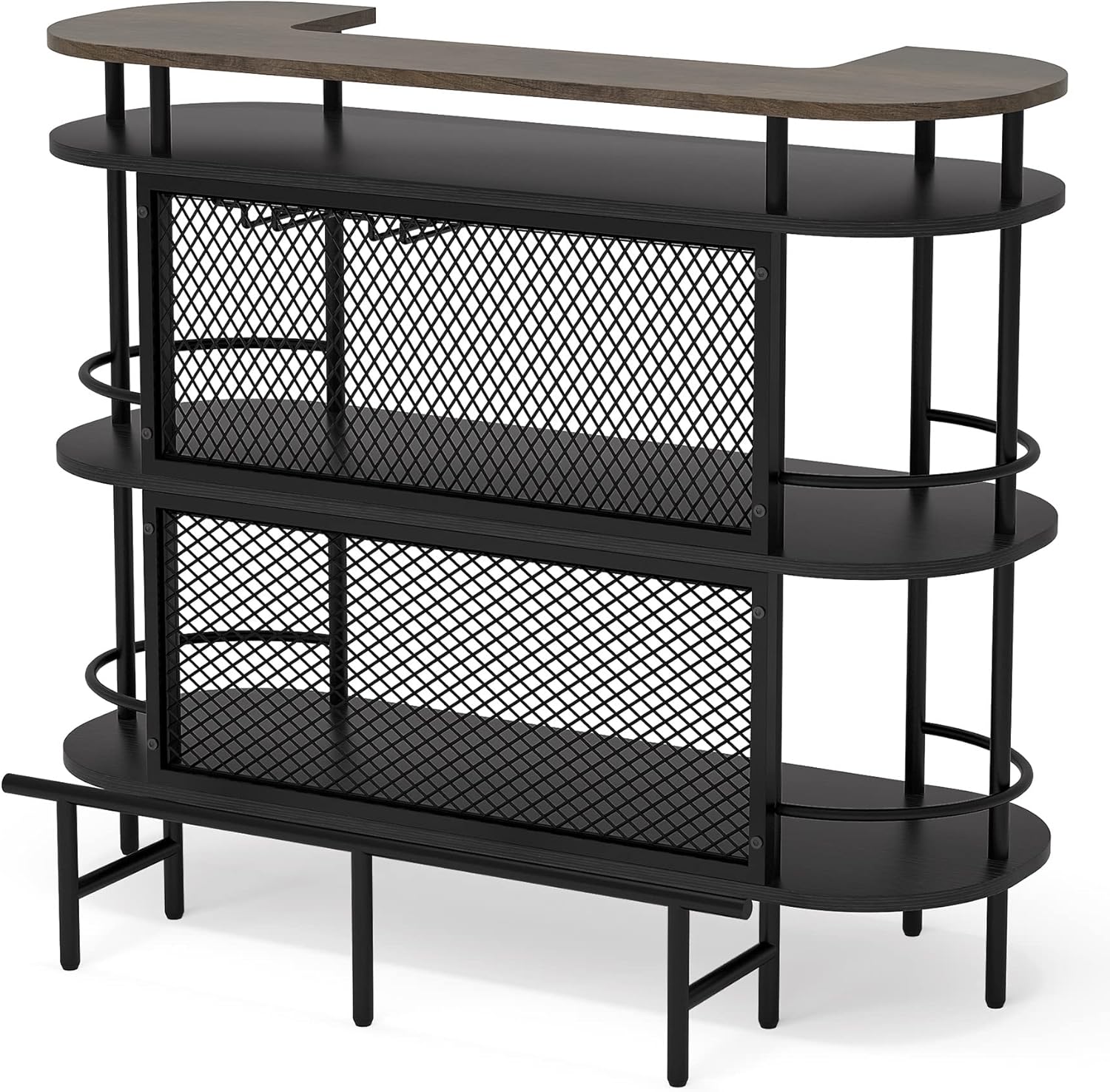 Black and Walnut 4 Tier Bar Cabinet with Storage Shelves F7515
