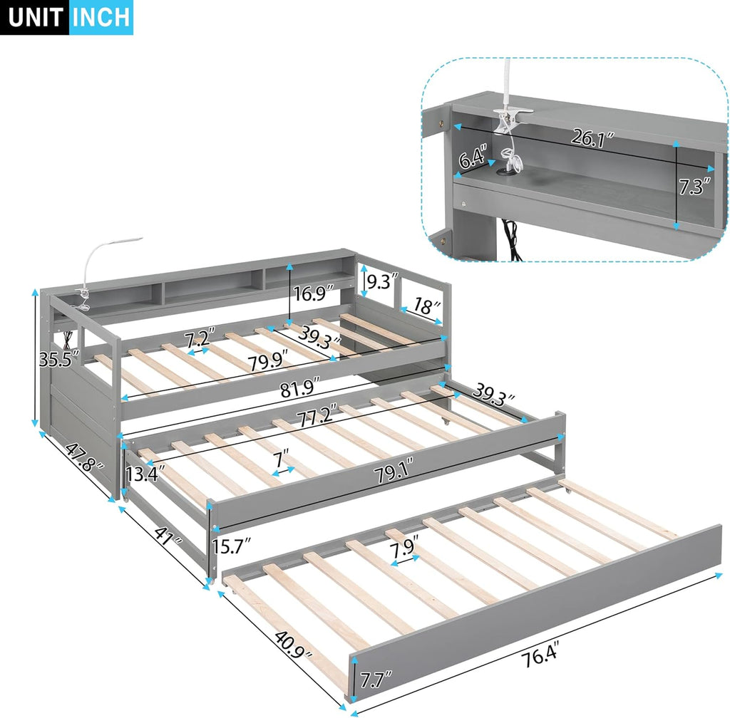 Gray Twin XL Wood Platform Daybed with 2 Trundle Beds and Storage Headboard U643767