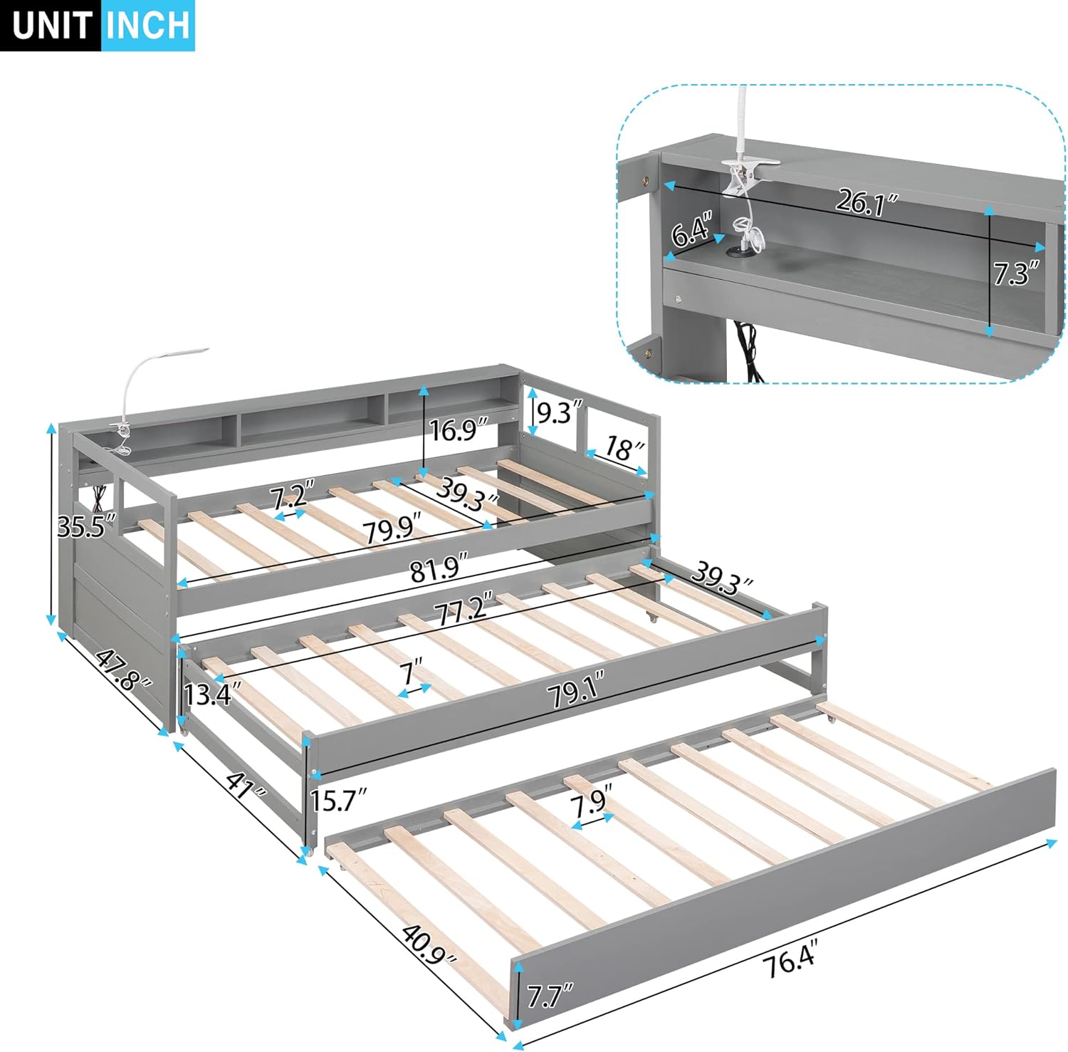 Gray Twin XL Wood Platform Daybed with 2 Trundle Beds and Storage Headboard U643767