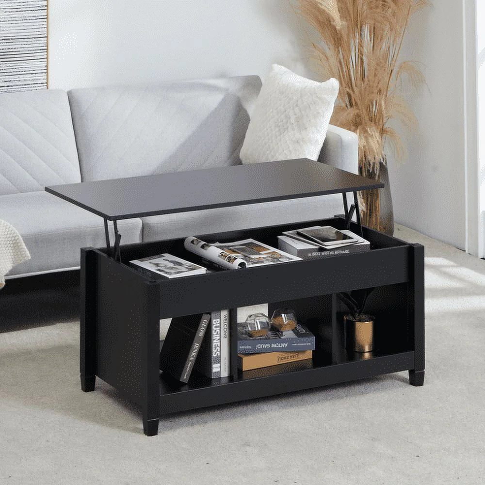 Black Lift Top Coffee Table with Storage Compartment and Open Shelves L24619