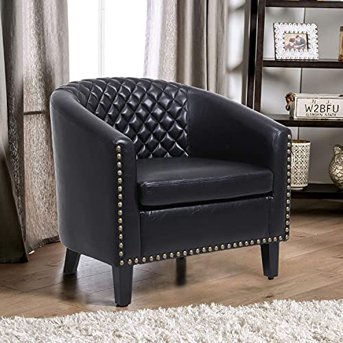 Black Leather Barrel Chair with Nail Head and Wood Legs H1717