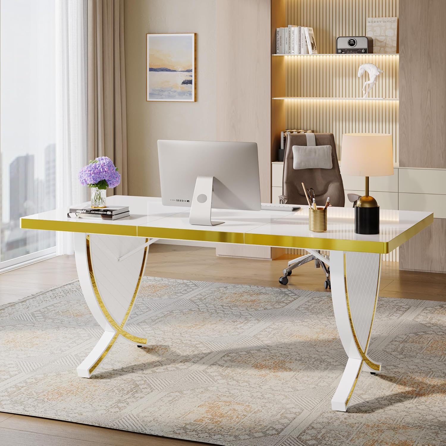 White & Gold 63" Glossy Computer Desk I154