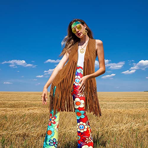 7 Pcs Hippie Costume Set with Flared Pants Fringe Vest Peace Sign Accessories W832630
