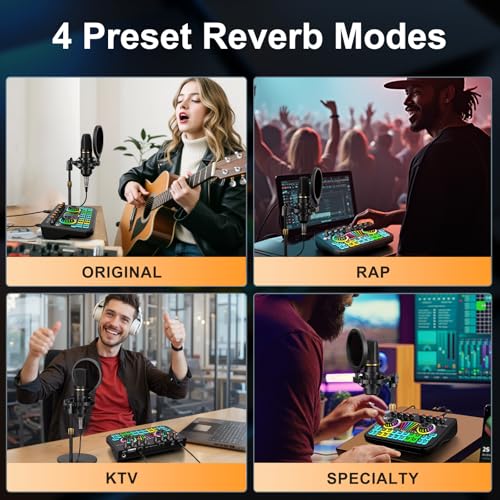 Podcast Microphone Bundle with Live Sound Card Audio Mixer, 3.5mm Condenser Microphone, Sound Board with Voice Changer H6673