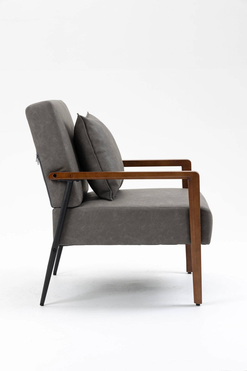 Brown Leather Armchair with Solid Wood Armrest and Removable Cushions A331
