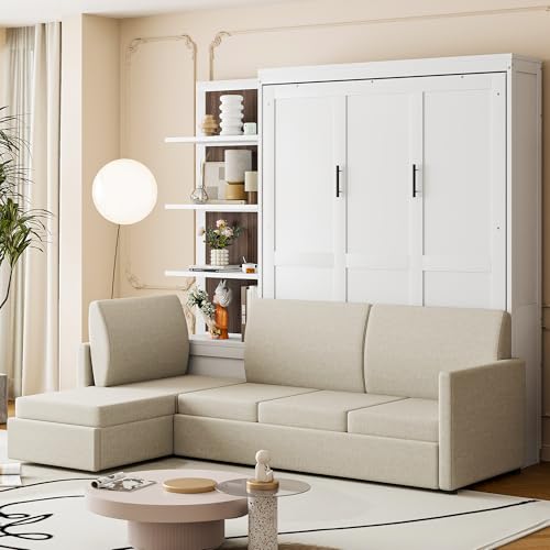 Queen Size Wooden Murphy Bed with Shelves and L-Shape Sofa W29030