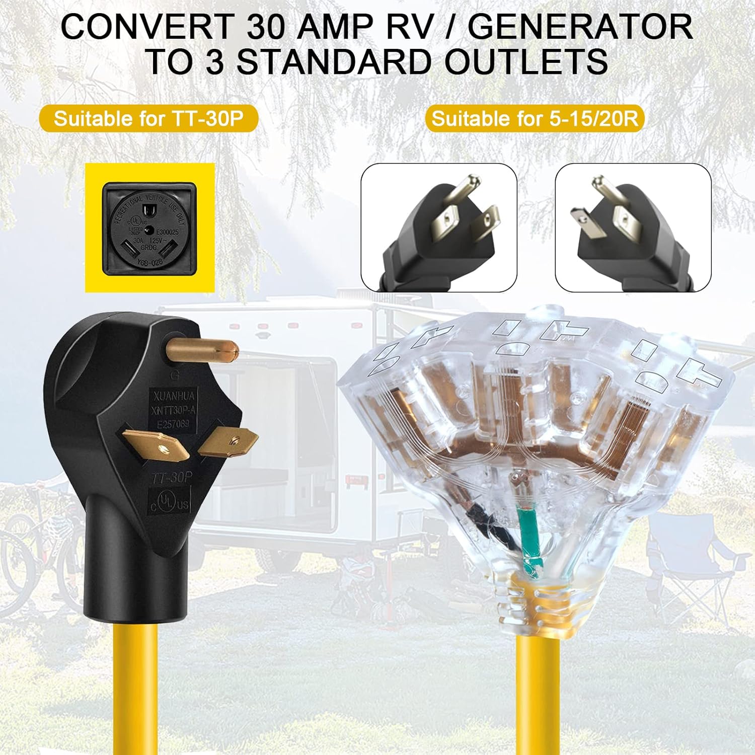 30 Amp to 15 Amp RV Adapter Extension Cord, 3-Way Outlet Splitter, 125 Volt, 10AWG, 2ft D14852