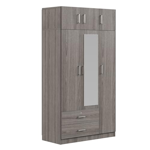 6-Door Wooden Armoire Wardrobe Closet with Mirror, 2 Drawers, 1 Hanging Rod Z242