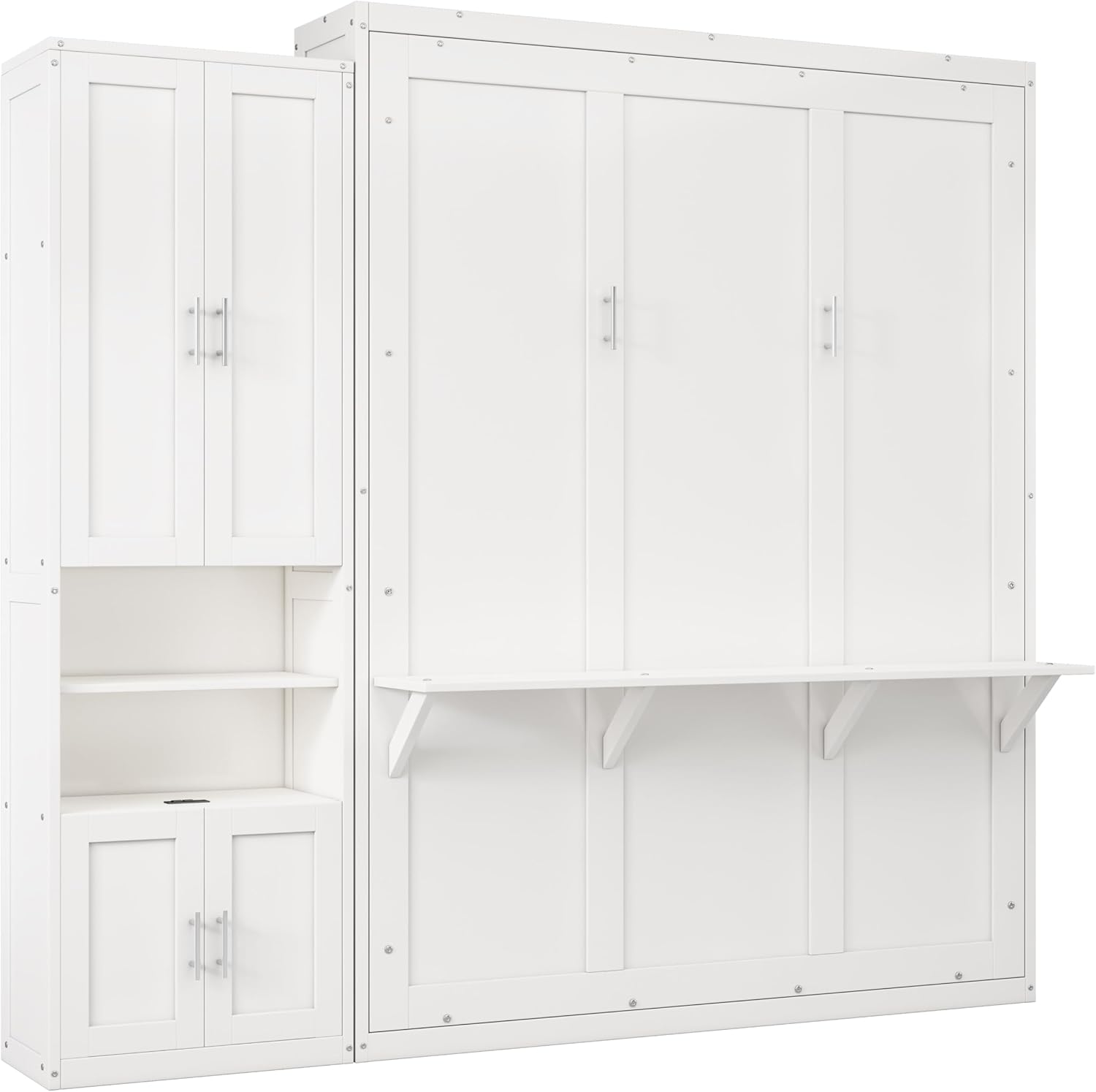 White Queen Size Solid Pine Murphy Bed with Desk and Storage Cabinet D97360