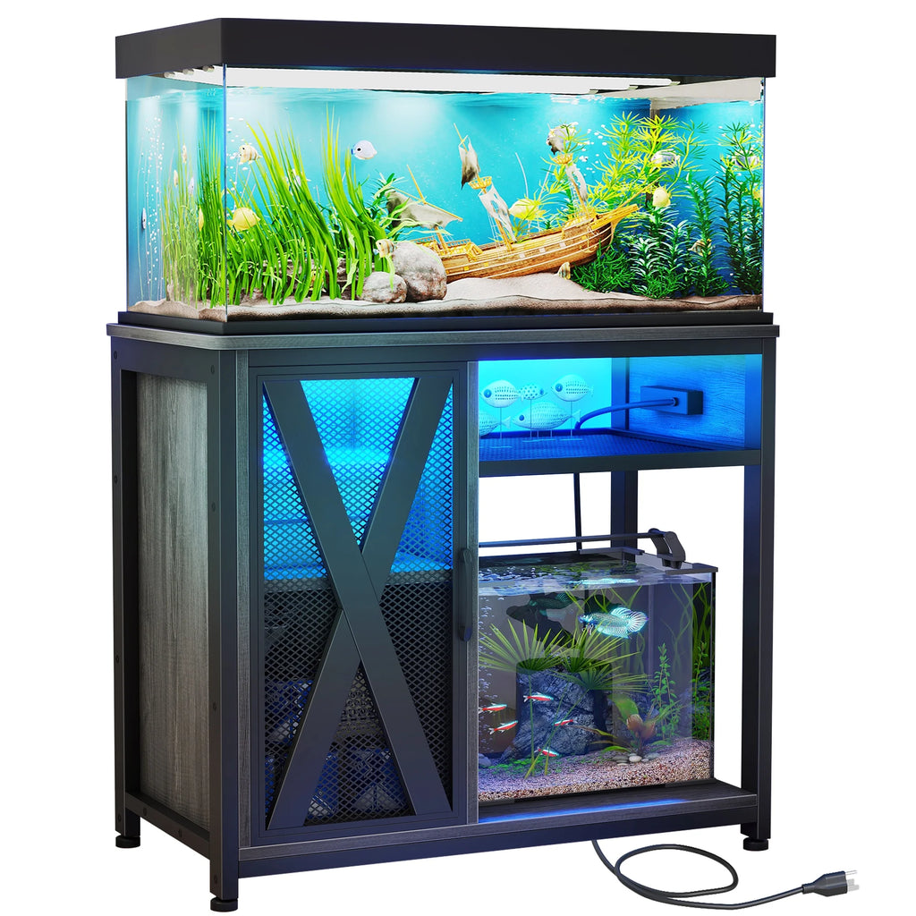 Gray & Black Metal Fish Tank Stand with Cabinet W41491