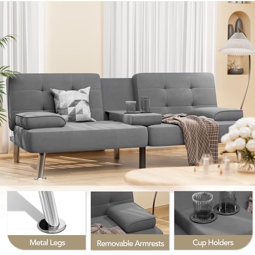 Black Linen Upholstered Convertible Folding Futon Sofa Bed with Removable Armrests, Metal Legs, 2 Cup Holders E765294