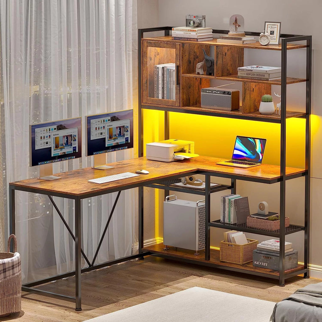 58" Brown L Shaped Gaming Desk with LED Lights and Bookshelf X87445