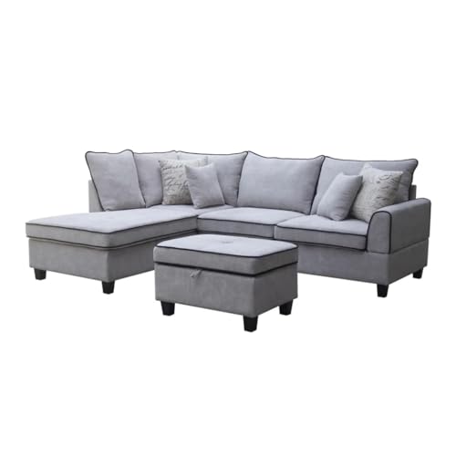 Light Gray Fabric Sectional Sofa with Storage Ottoman H4112
