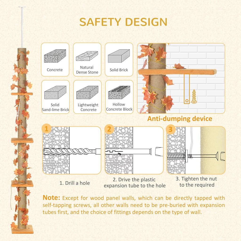80" - 95" Adjustable 3-Level Cat Tree with Sisal Scratching Post C83812