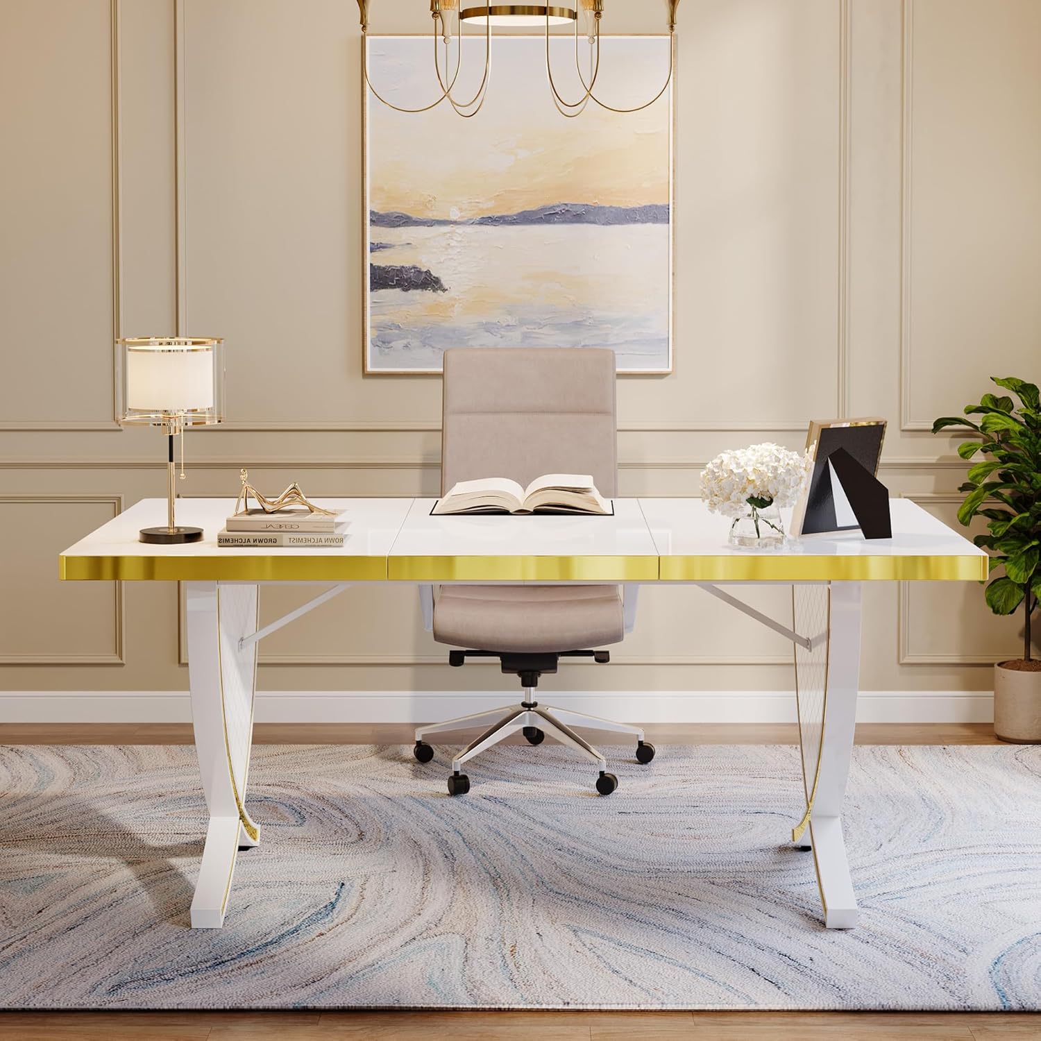White & Gold 63" Glossy Computer Desk I154