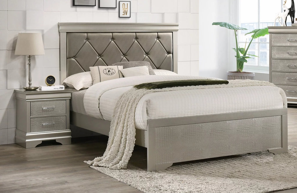 Silver Finish Queen Size Upholstered Button Tufted Headboard Bed Nightstand Set V3356
