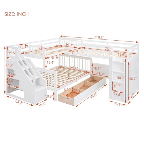 Espresso Wood Twin-Over-Full Triple Bunk Beds with Stairs, Desk, Wardrobe, Storage, Shelves and Drawers Z821