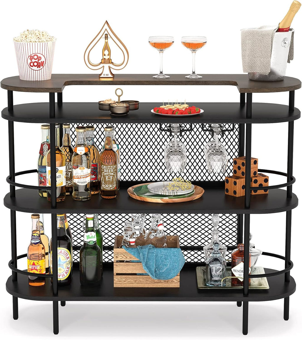 Black and Walnut 4 Tier Bar Cabinet with Storage Shelves F7515