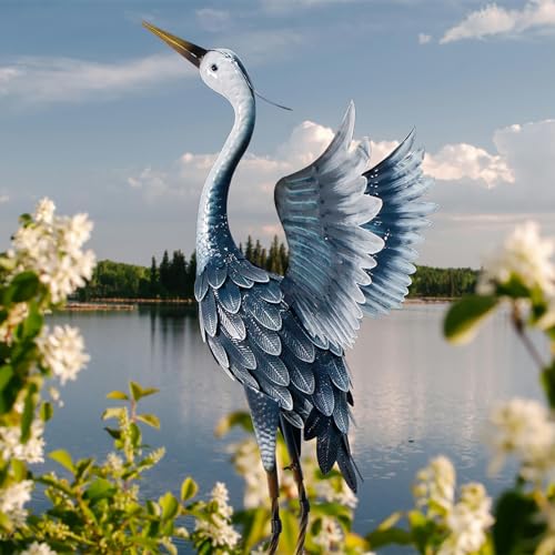 33 Inch Blue Metal Crane Statue X408910