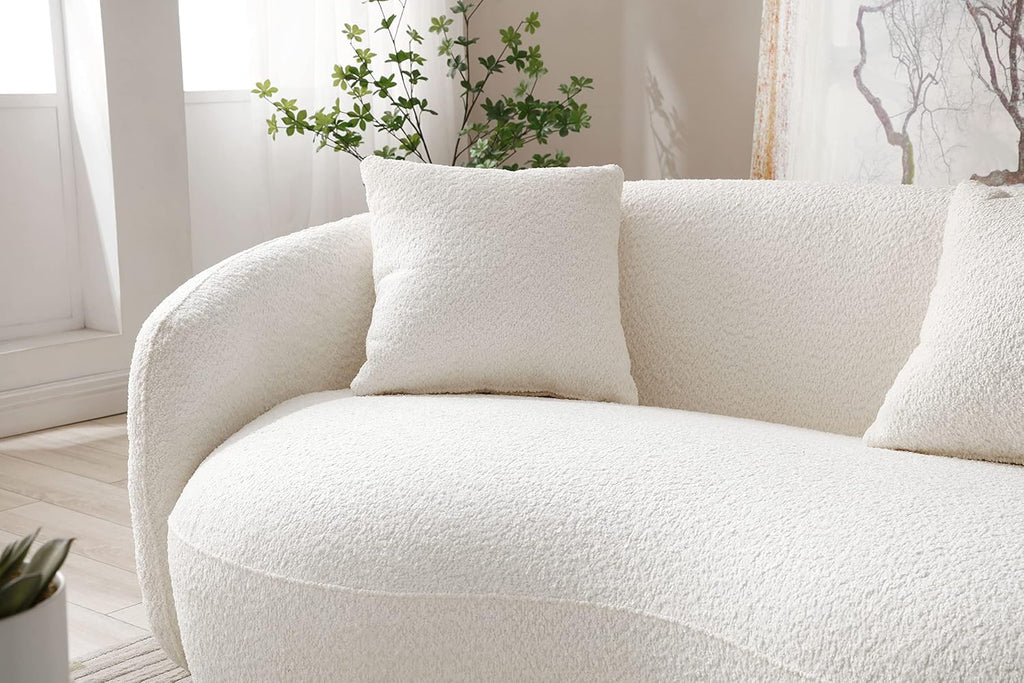 Beige Boucle Upholstered 4-Seat Curved Sofa with 3 Throw Pillows N45670