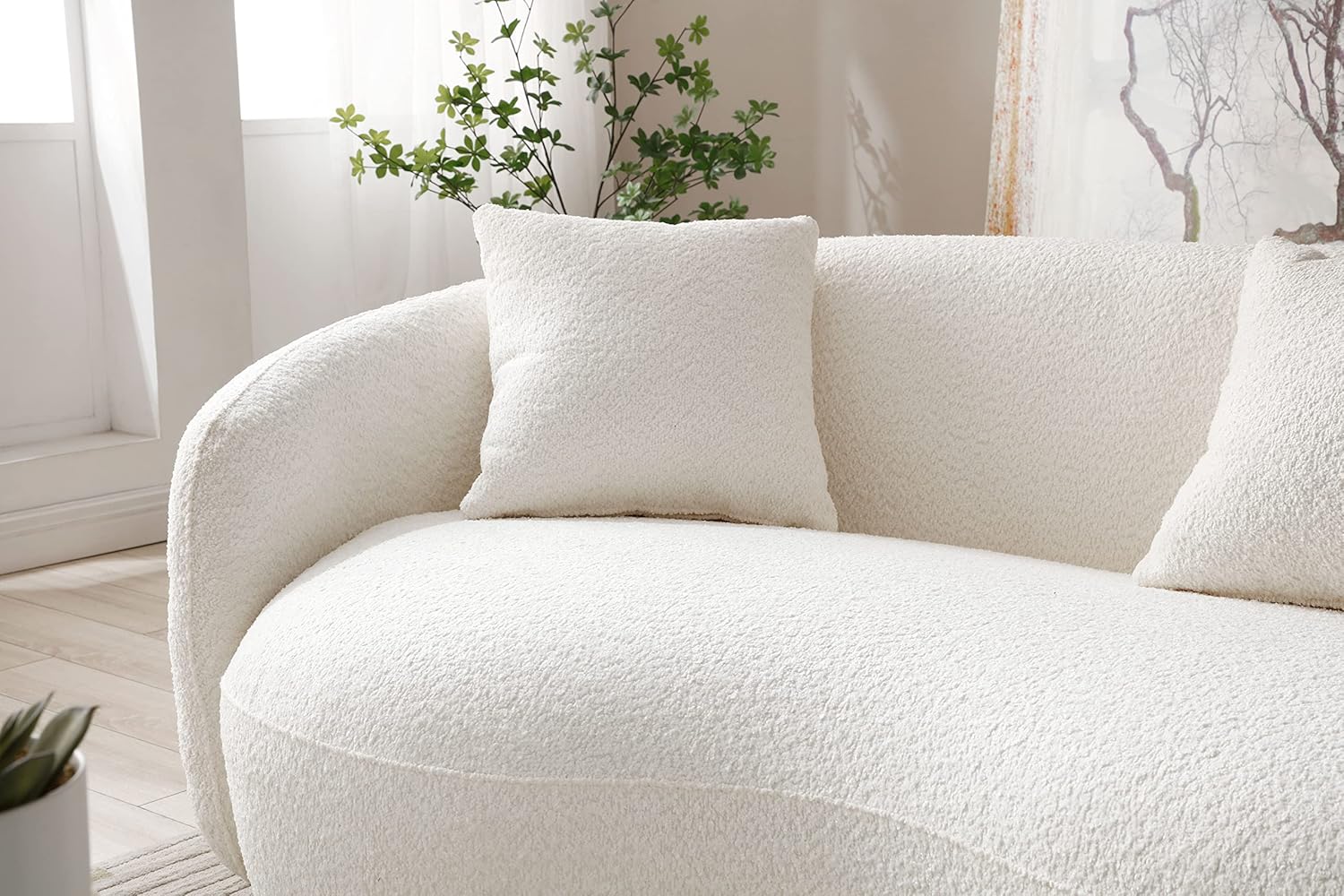 Beige Boucle Upholstered 4-Seat Curved Sofa with 3 Throw Pillows N45670