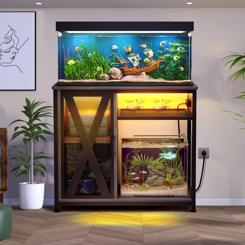 Gray & Black Metal Fish Tank Stand with Cabinet W41491