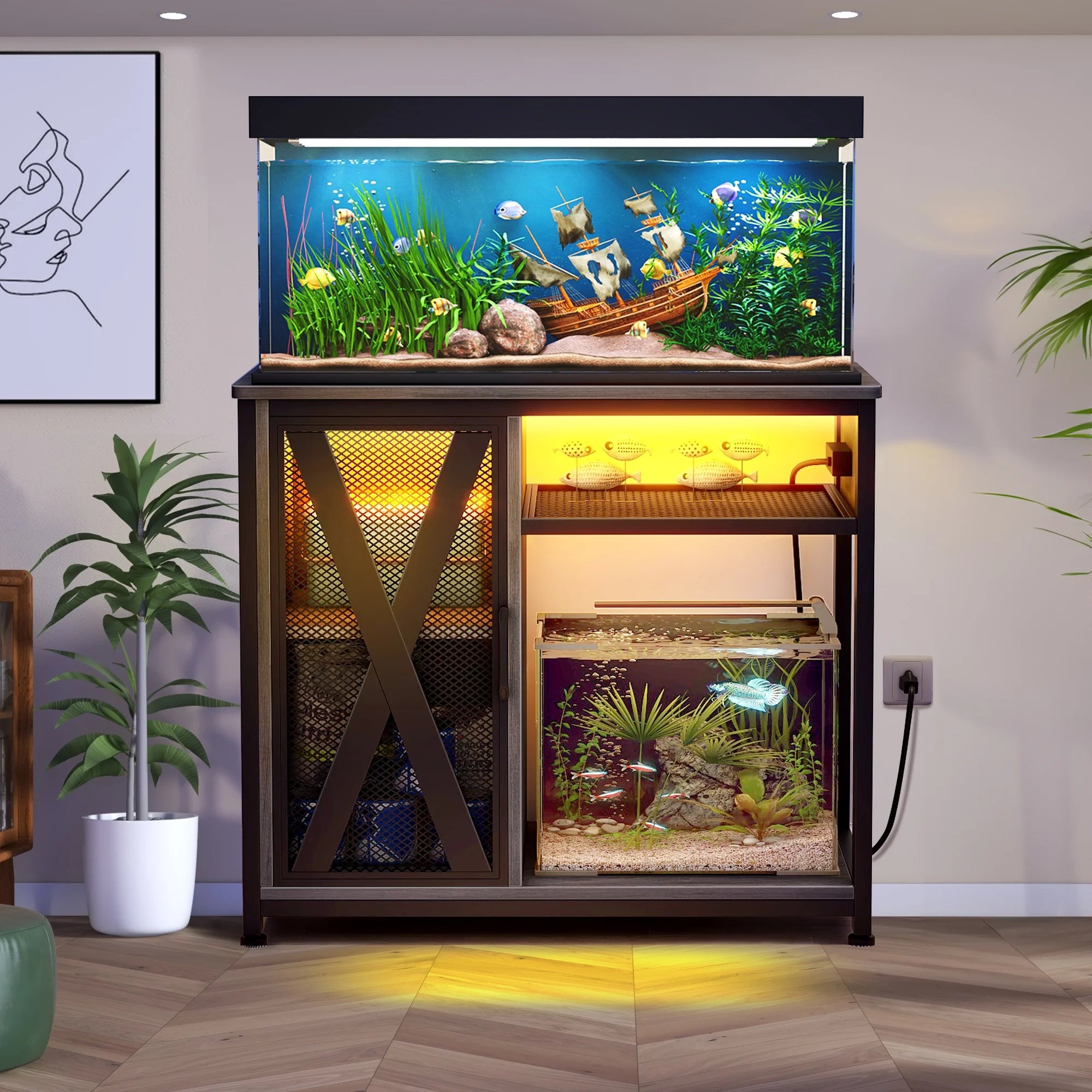 Gray & Black Metal Fish Tank Stand with Cabinet W41491