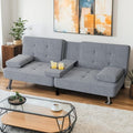 Black Linen Upholstered Convertible Folding Futon Sofa Bed with Removable Armrests, Metal Legs, 2 Cup Holders E765294