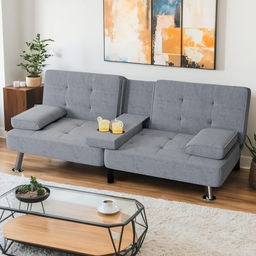 Black Linen Upholstered Convertible Folding Futon Sofa Bed with Removable Armrests, Metal Legs, 2 Cup Holders E765294
