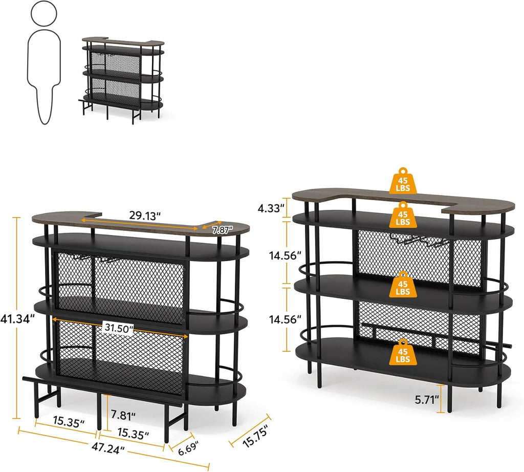 Black and Walnut 4 Tier Bar Cabinet with Storage Shelves F7515