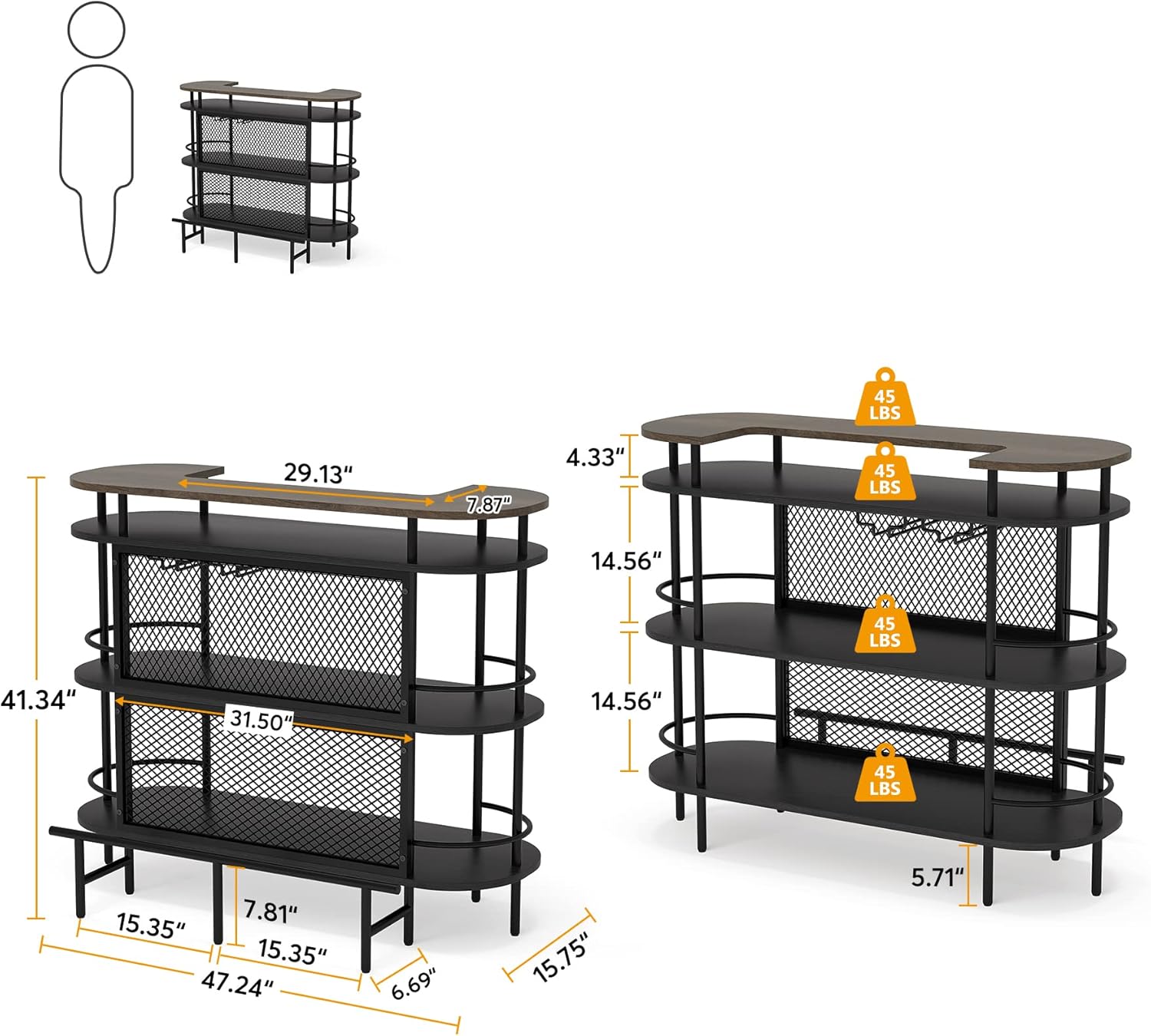 Black and Walnut 4 Tier Bar Cabinet with Storage Shelves F7515