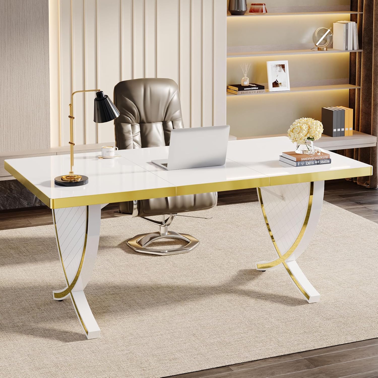 White & Gold 63" Glossy Computer Desk I154
