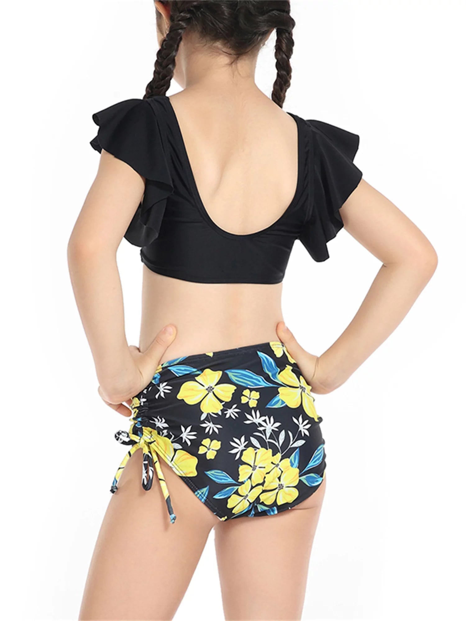 2 Piece Bikinis Set Print Fly Sleeve Tops Briefs Swimwear V774