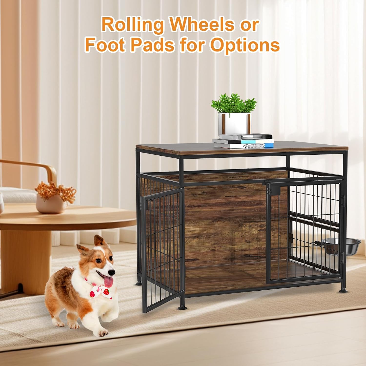 31" Heavy Duty Wooden Dog Crate Furniture with Wheels H437