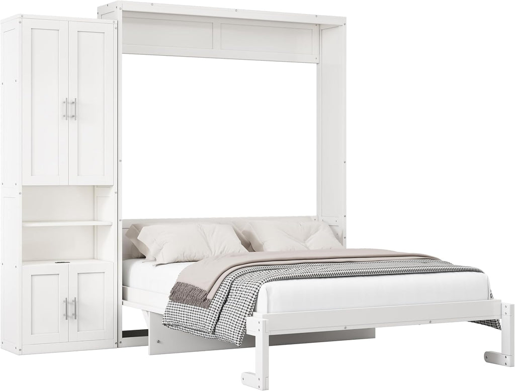 White Queen Size Solid Pine Murphy Bed with Desk and Storage Cabinet D97360