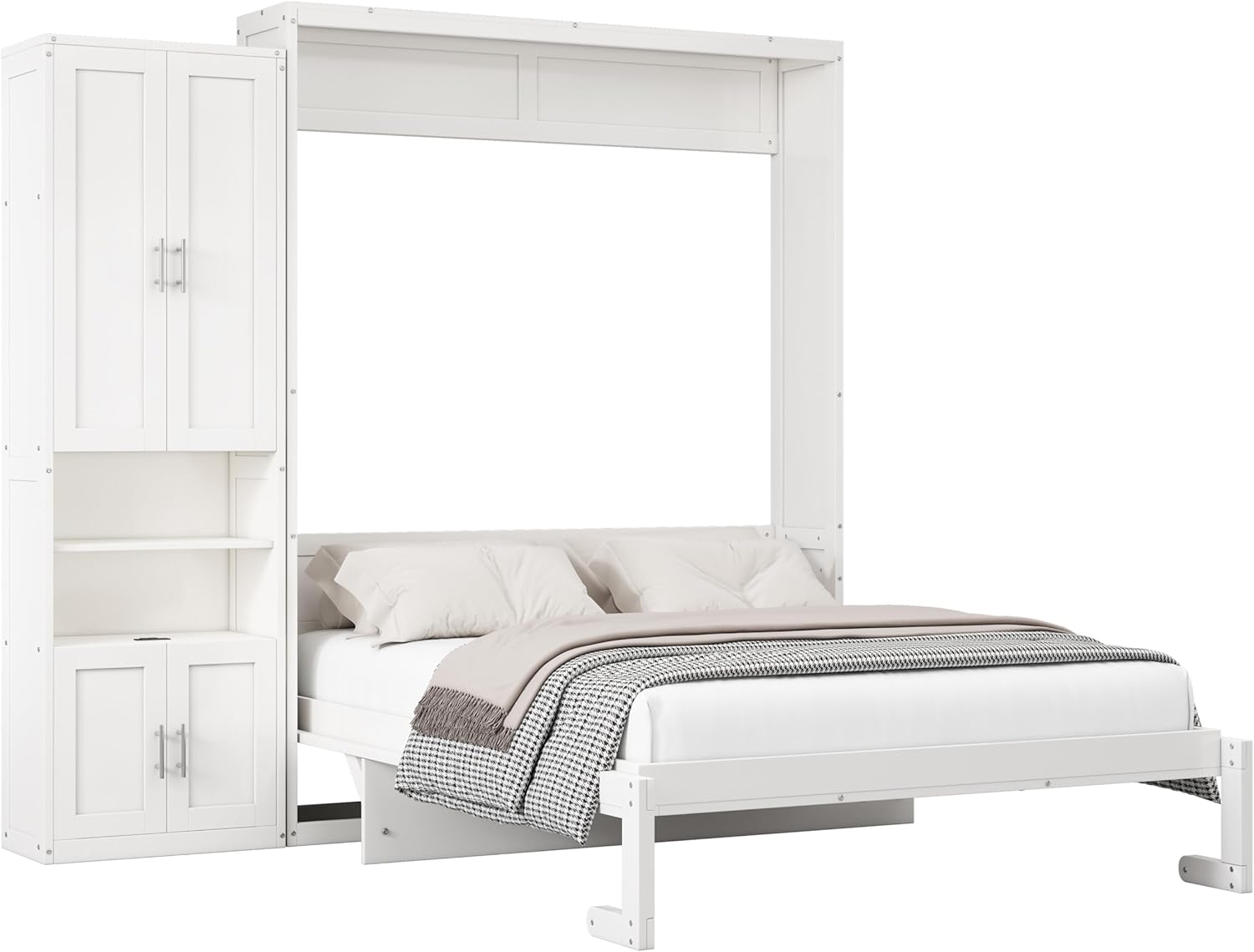 White Queen Size Solid Pine Murphy Bed with Desk and Storage Cabinet D97360