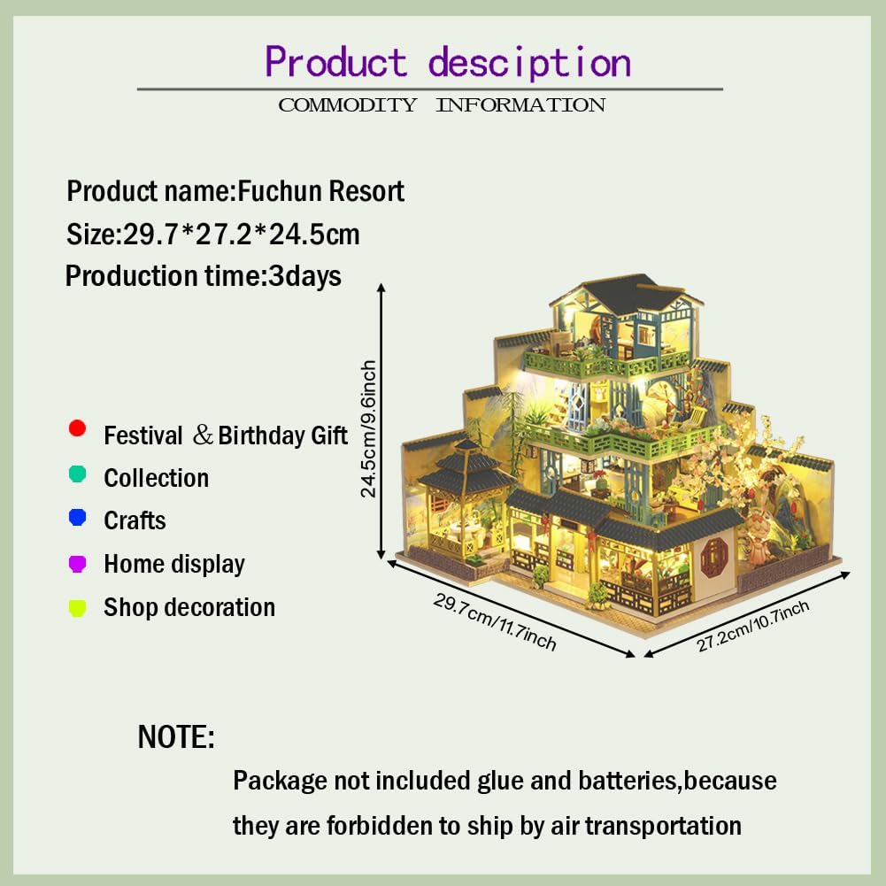 Miniature Three-Storey Villa Dolls House, Wooden Furniture, DIY Dollhouse Kit with LED Z23570