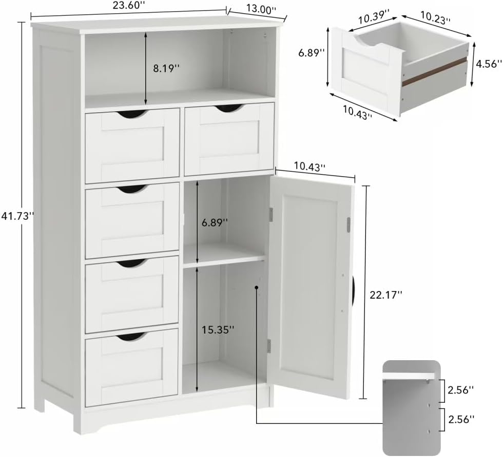White Wooden Storage Cabinet with Five Drawers and One Door J661580