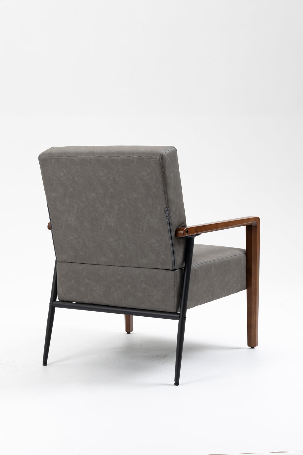 Brown Leather Armchair with Solid Wood Armrest and Removable Cushions A331