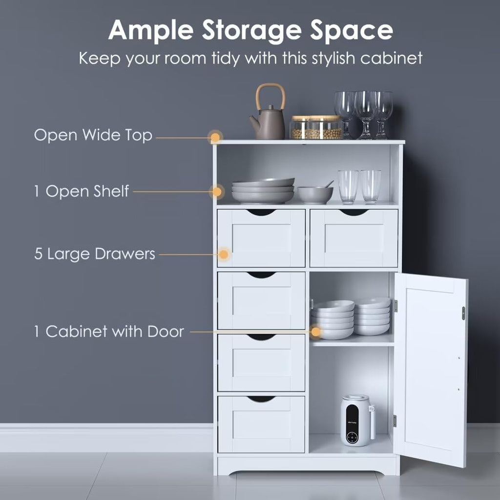 White Wooden Storage Cabinet with Five Drawers and One Door J661580