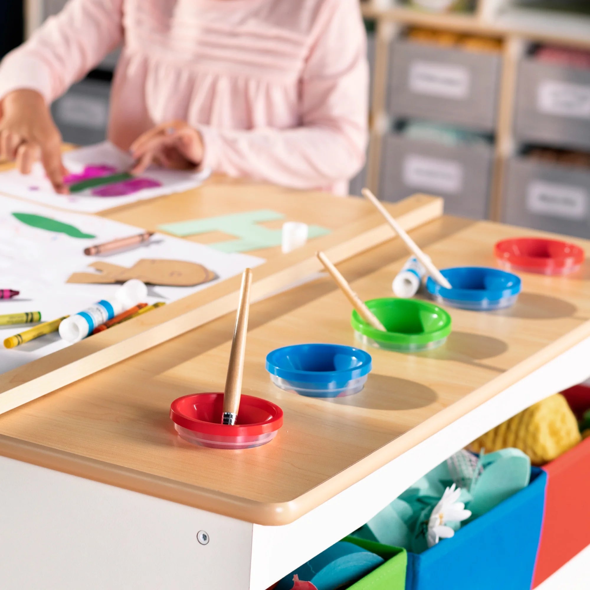 Kids Activity Table and Drawing Desk with Stools, Storage Canvas Bins, Paper Roller, and Paint Cups R2713