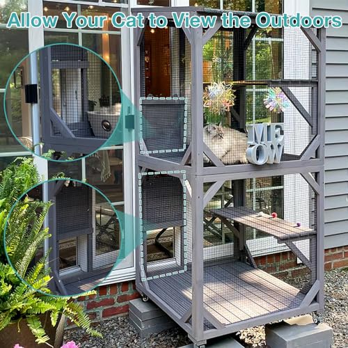 Grey Cat Enclosure with Wheels and Waterproof Roof W902