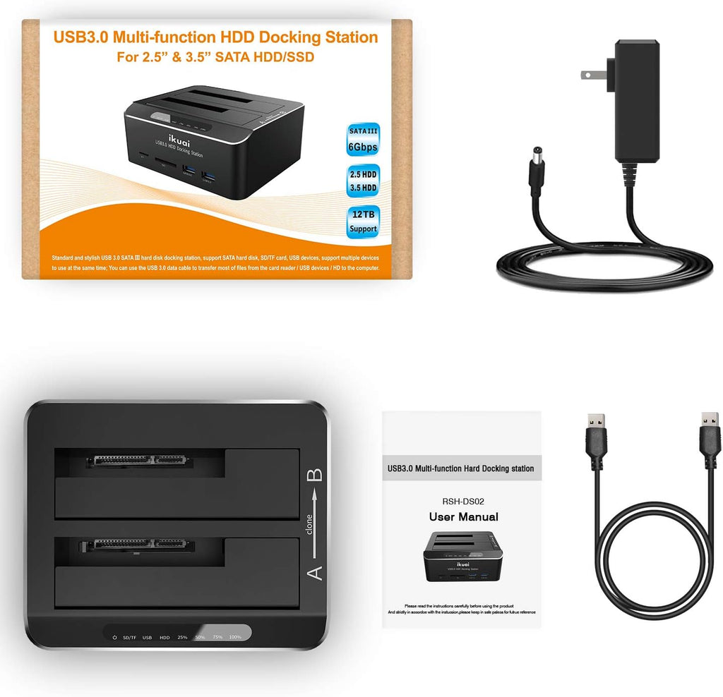 SATA to USB 3.0 Dual Bay Hard Drive Dock for 2.5 and 3.5 SATA HDD SSD with SD TF Card Reader 2 USB 3.0 Ports External Hard Drive Docking Station Pack of 2 H930000