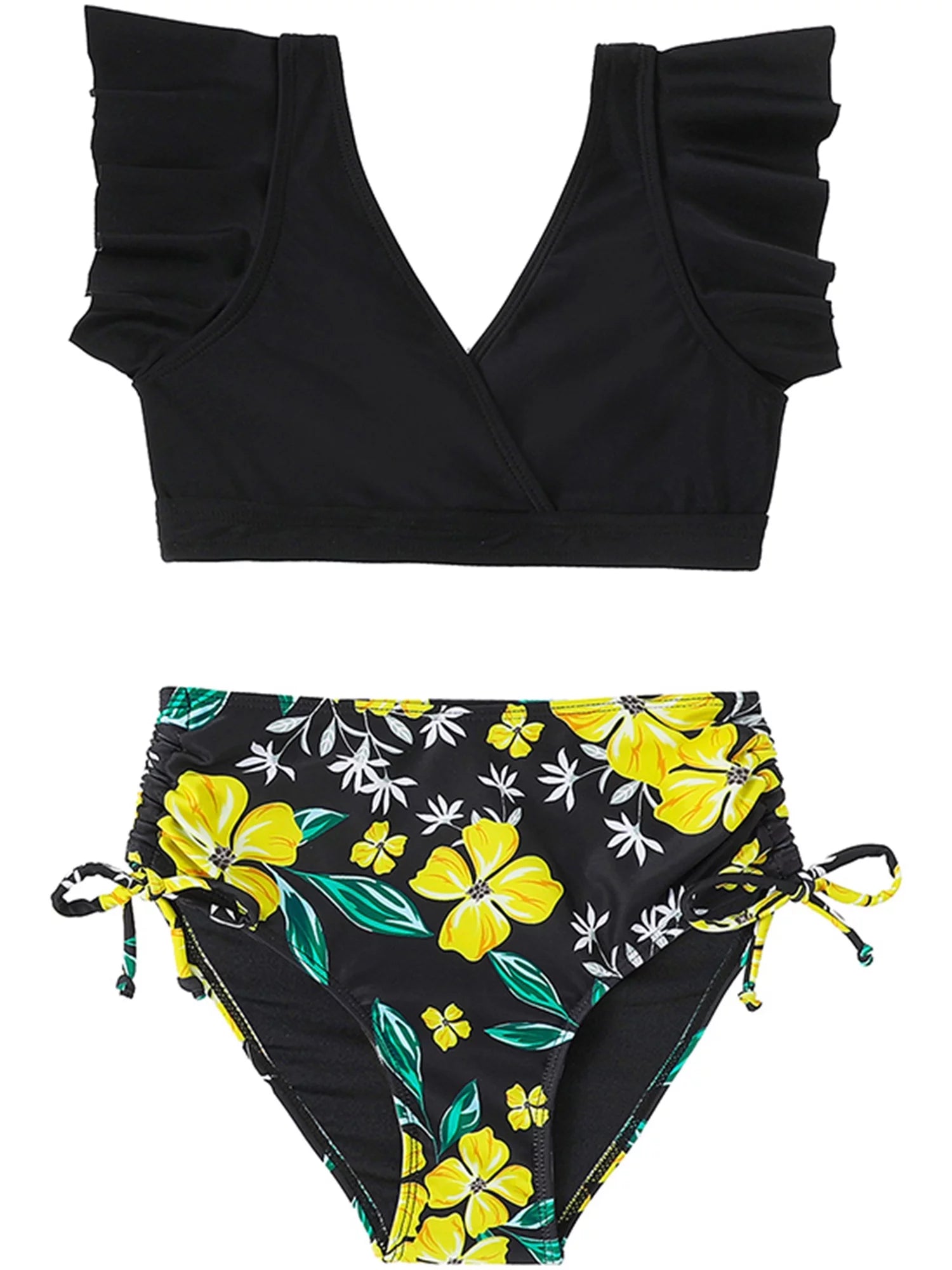 2 Piece Bikinis Set Print Fly Sleeve Tops Briefs Swimwear V774